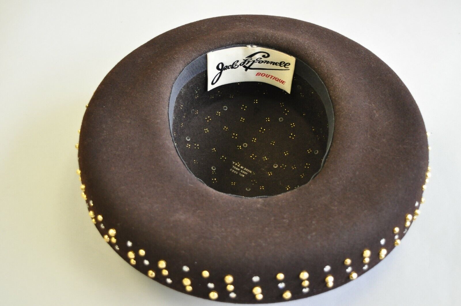 Vintage Jack McConnell Boutique Brown Wool Gold Silver Stud Wide Brim Derby Hat