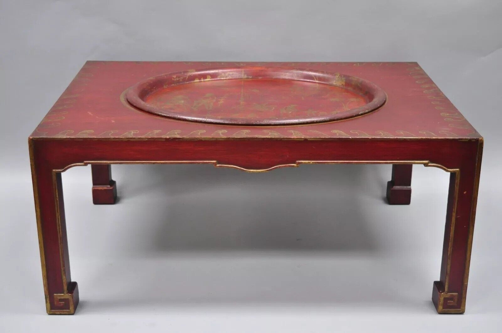 Vintage Chinoiserie Red Oriental Coffee Table with Tole Metal Serving Tray Top