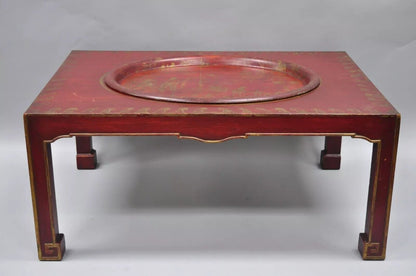 Vintage Chinoiserie Red Oriental Coffee Table with Tole Metal Serving Tray Top