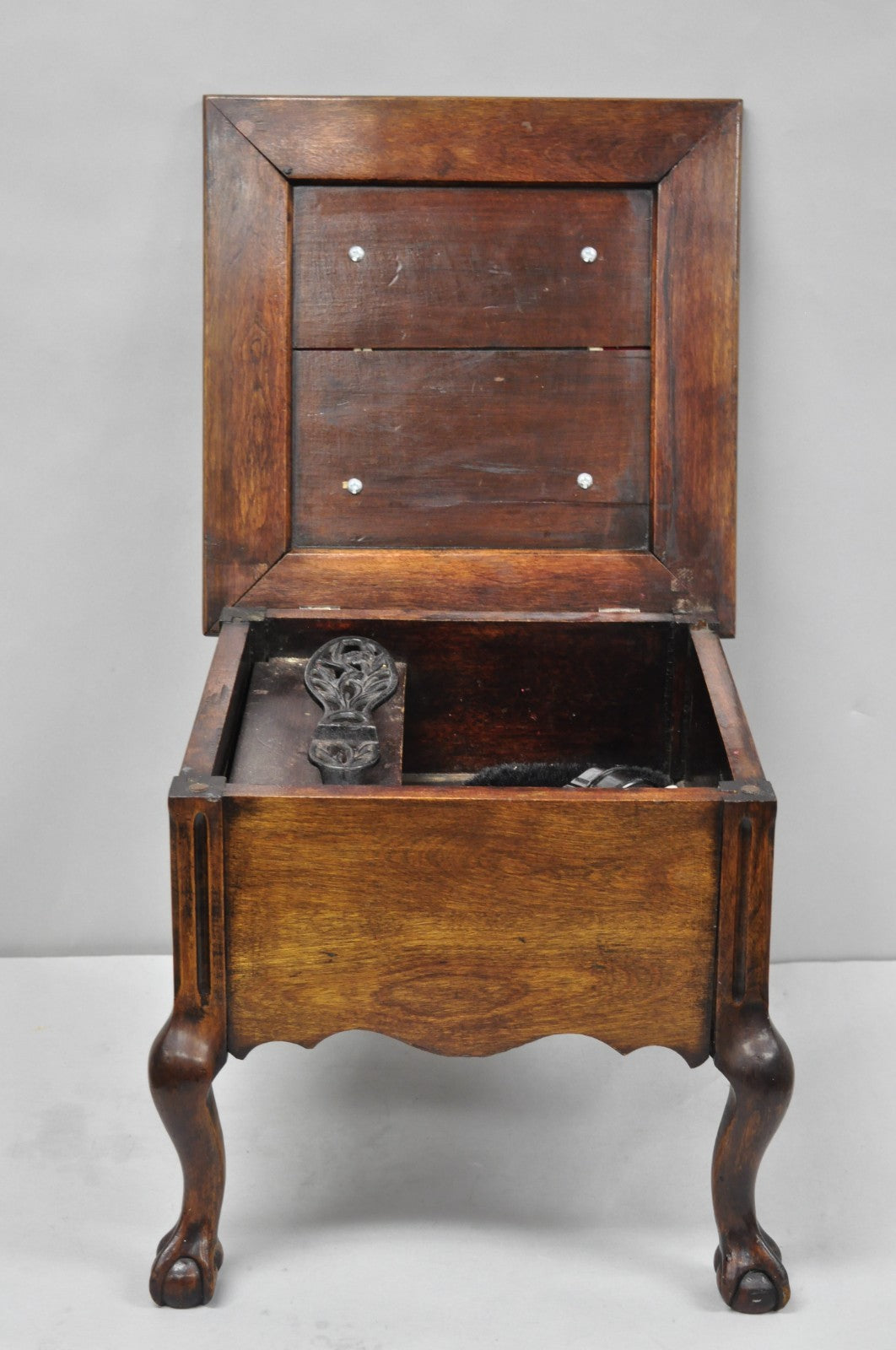 Antique Flip Top Georgian Chippendale Style Mahogany Shoe Shine Box Footstool