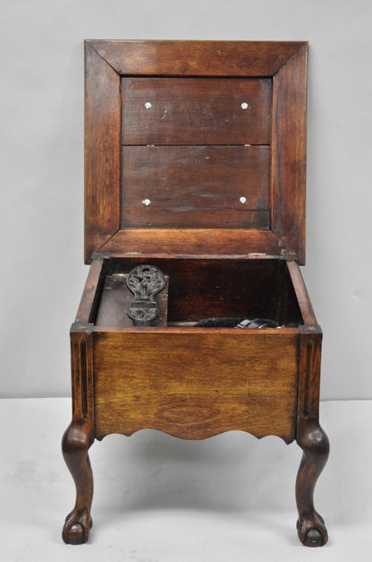 Antique Flip Top Georgian Chippendale Style Mahogany Shoe Shine Box Footstool