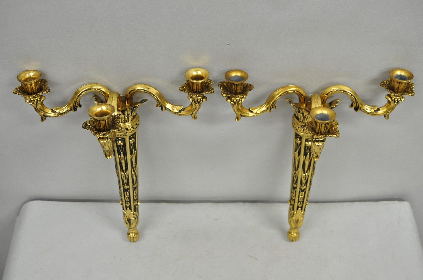 Vintage French Empire Gold Gilt Metal 3 Arm Torch Candelabra Wall Sconces a Pair