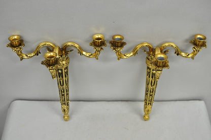 Vintage French Empire Gold Gilt Metal 3 Arm Torch Candelabra Wall Sconces a Pair
