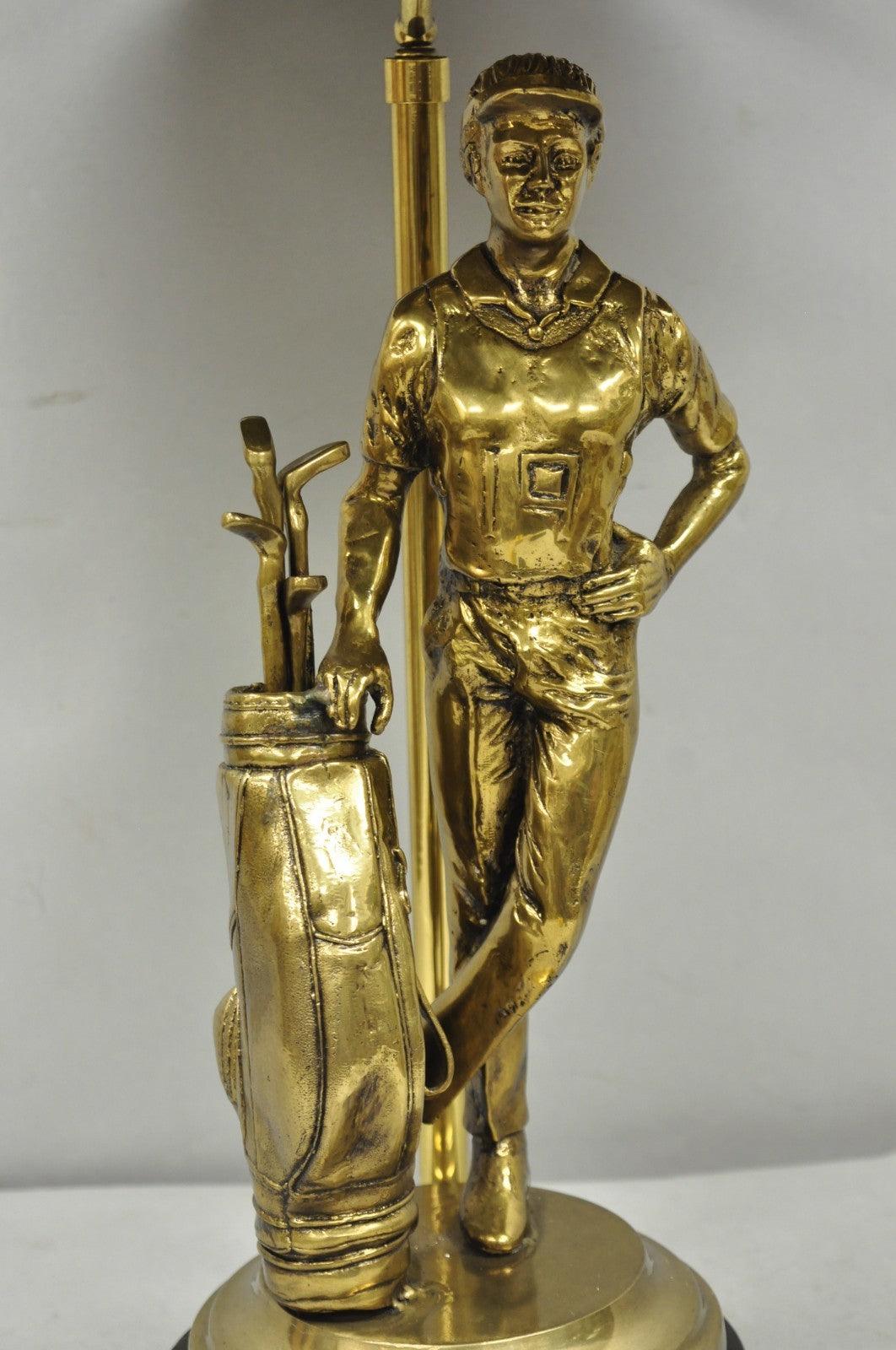 Vintage Maitland Smith Bronze Figure Golfer Sculpture Table Lamp w Leather Shade