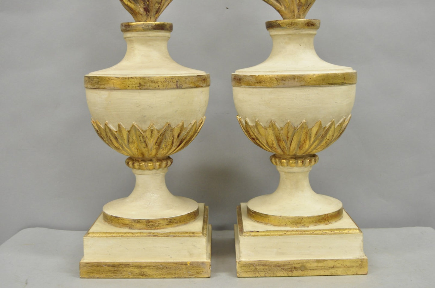 Vintage Italian Hollywood Regency Carved Wood "Burning Flame" Table Lamps - Pair