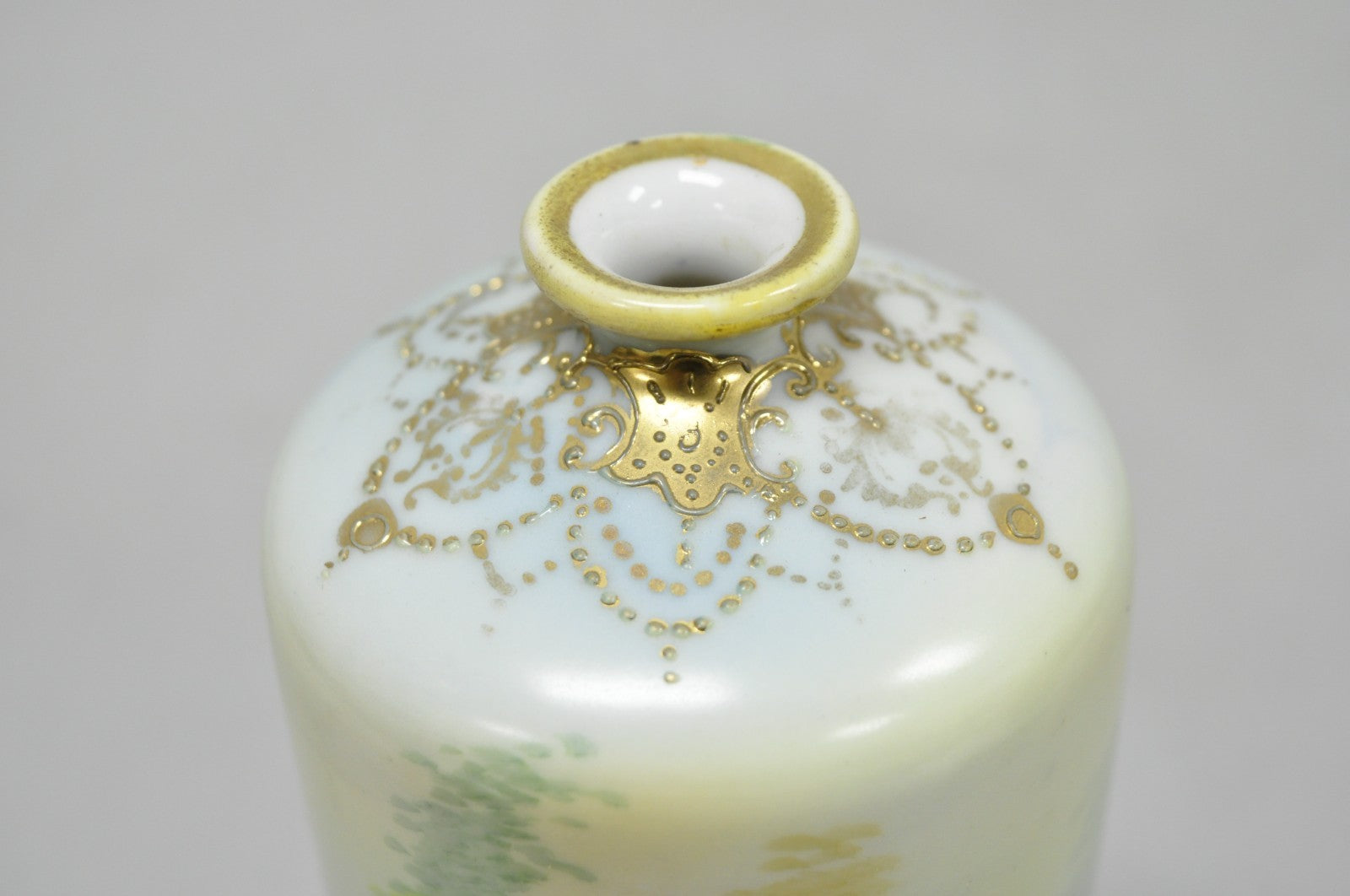 Antique Nippon Hand Painted Pink Rose & Lake Scene Small Porcelain Cylinder Vase