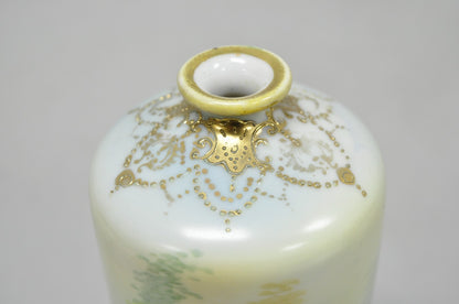 Antique Nippon Hand Painted Pink Rose & Lake Scene Small Porcelain Cylinder Vase