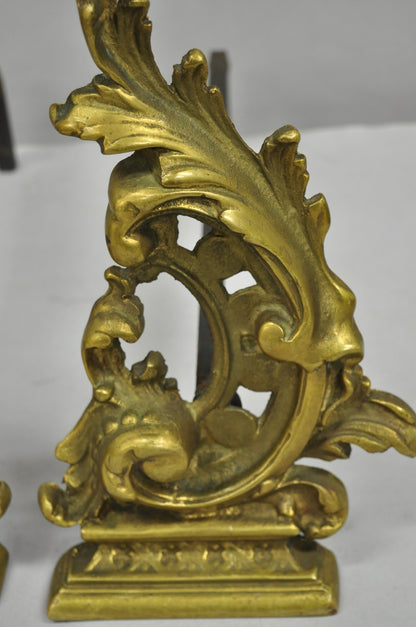 Vintage French Rococo Style Small Brass Bronze Acanthus Leaf Andirons - a Pair