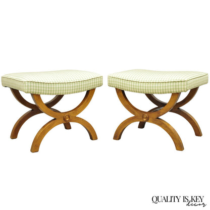 Vintage Italian Neoclassical Style Walnut Wood Curule X-Form Stool - a Pair