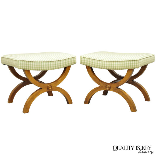 Vintage Italian Neoclassical Style Walnut Wood Curule X-Form Stool - a Pair