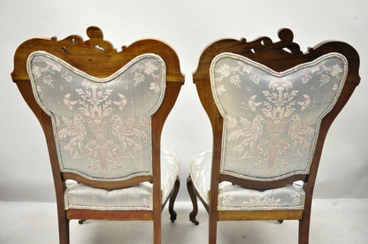 Victorian Floral Scrollwork Carved Mahogany Parlor Slipper Side Chairs - a Pair
