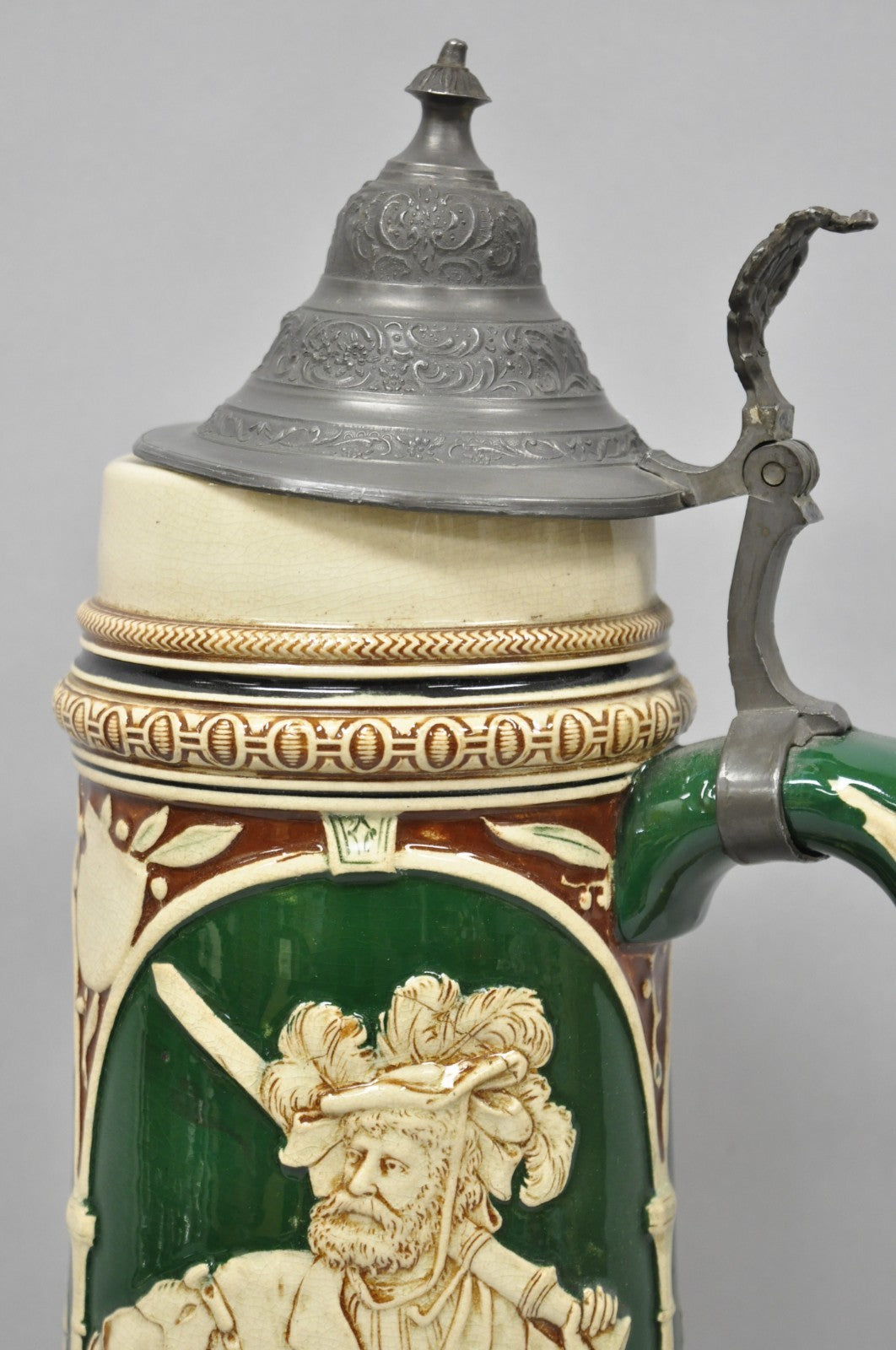 Antique German XL 20" Tall Figural Green Stoneware Beer Stein Tankard Mug w/ Lid