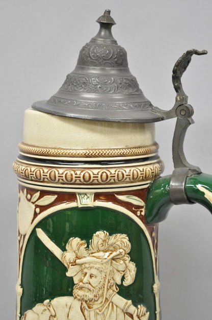 Antique German XL 20" Tall Figural Green Stoneware Beer Stein Tankard Mug w/ Lid