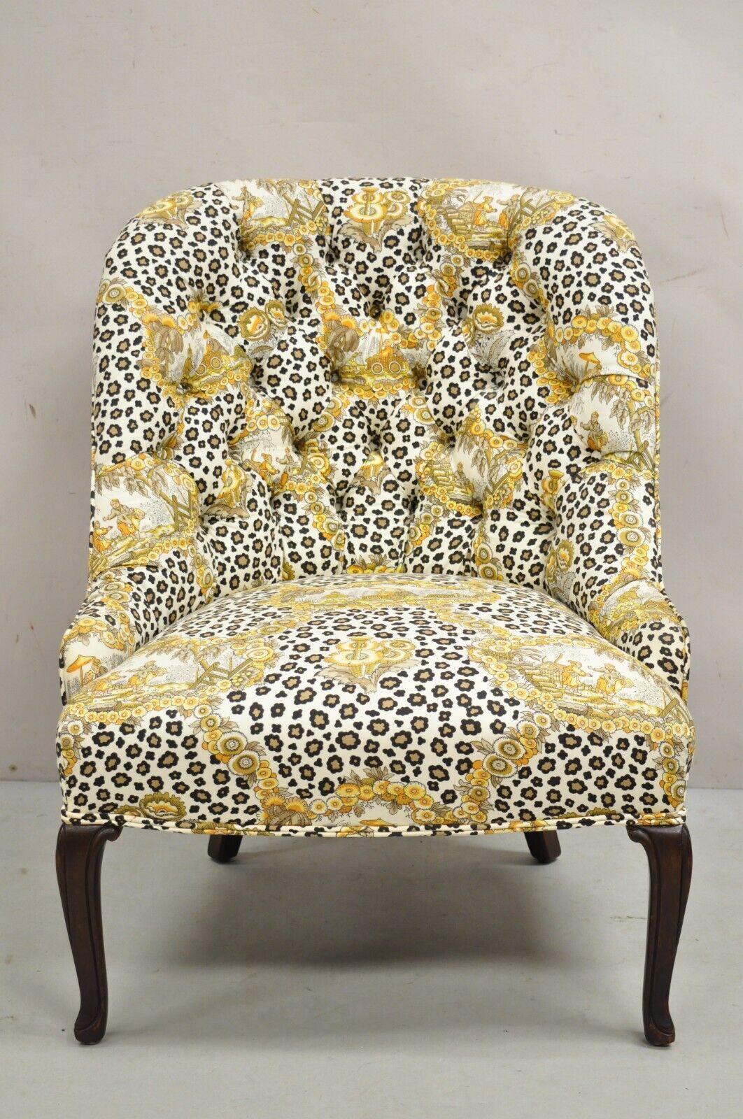 Vintage Napoleon III Tufted Slipper Lounge Chair w/ Leopard Chinoiserie Fabric