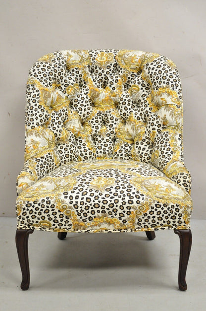 Vintage Napoleon III Tufted Slipper Lounge Chair w/ Leopard Chinoiserie Fabric