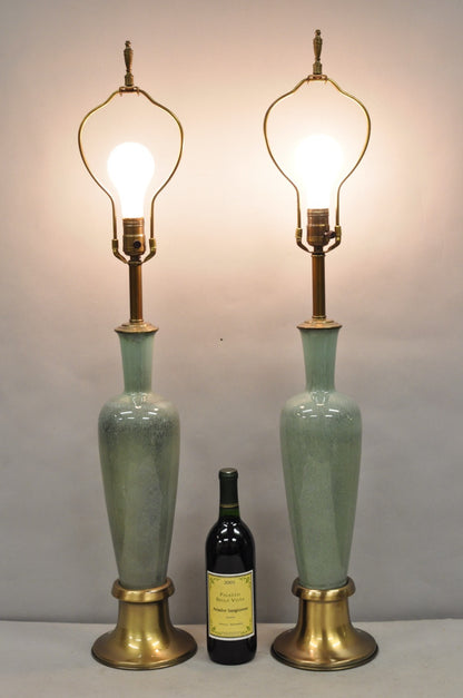 Vintage Mid Century Modern Celadon Green Porcelain Sinuous Urn Table Lamp - Pair