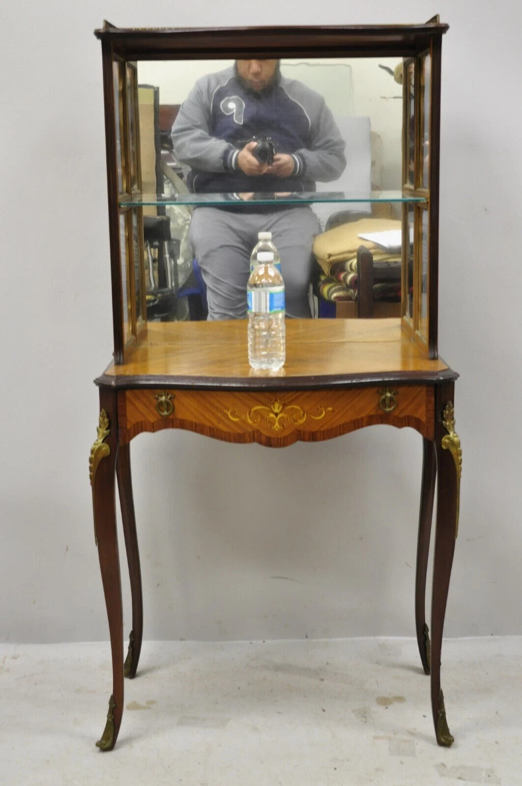 Antique French Louis XV Style Petite Curio Etagere with Satinwood Inlay & Mirror