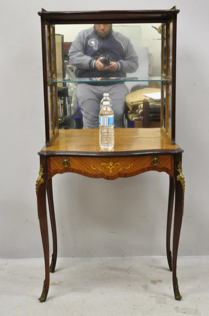 Antique French Louis XV Style Petite Curio Etagere with Satinwood Inlay & Mirror