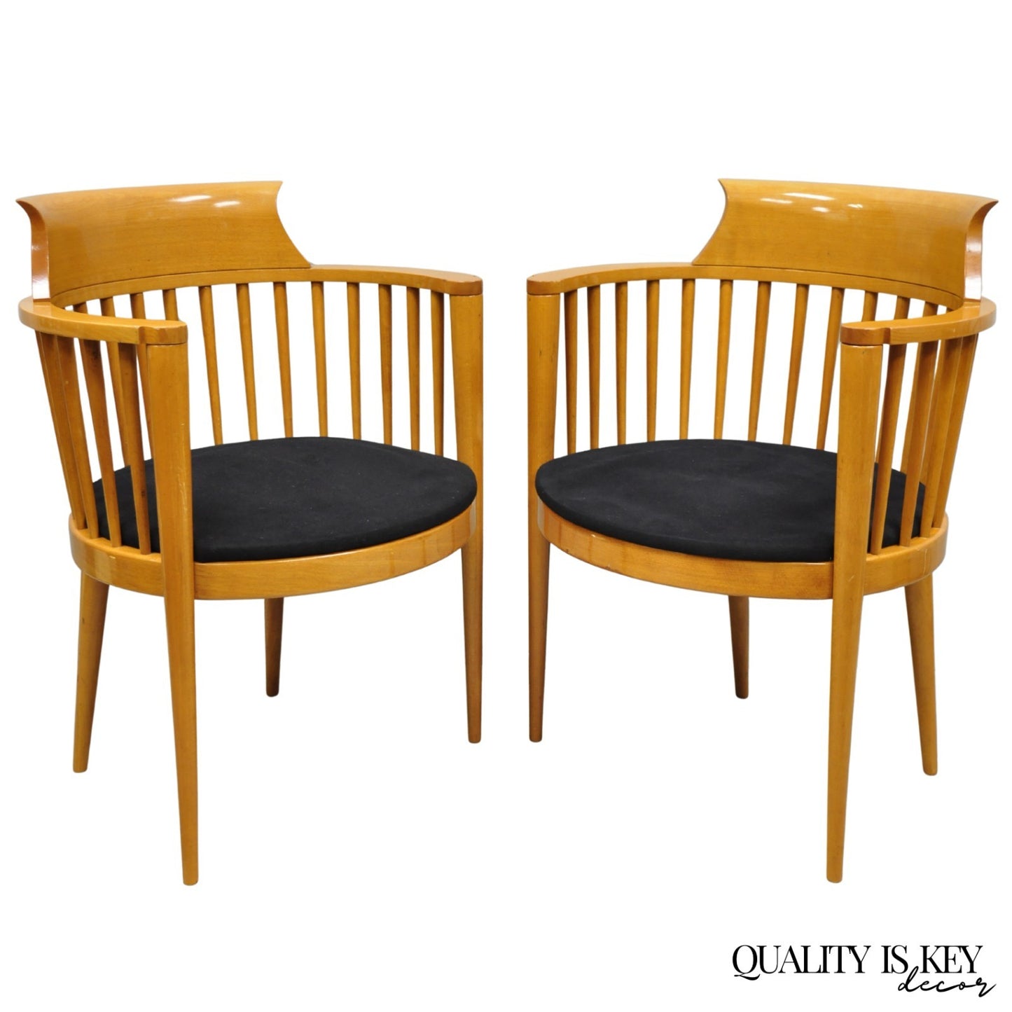 Vintage Postmodern Maple Wood Spindle Barrel Back Lounge Arm Chairs - a Pair