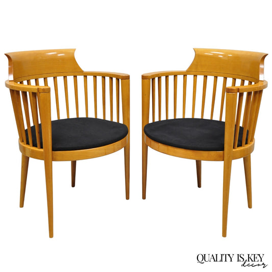 Vintage Postmodern Maple Wood Spindle Barrel Back Lounge Arm Chairs - a Pair