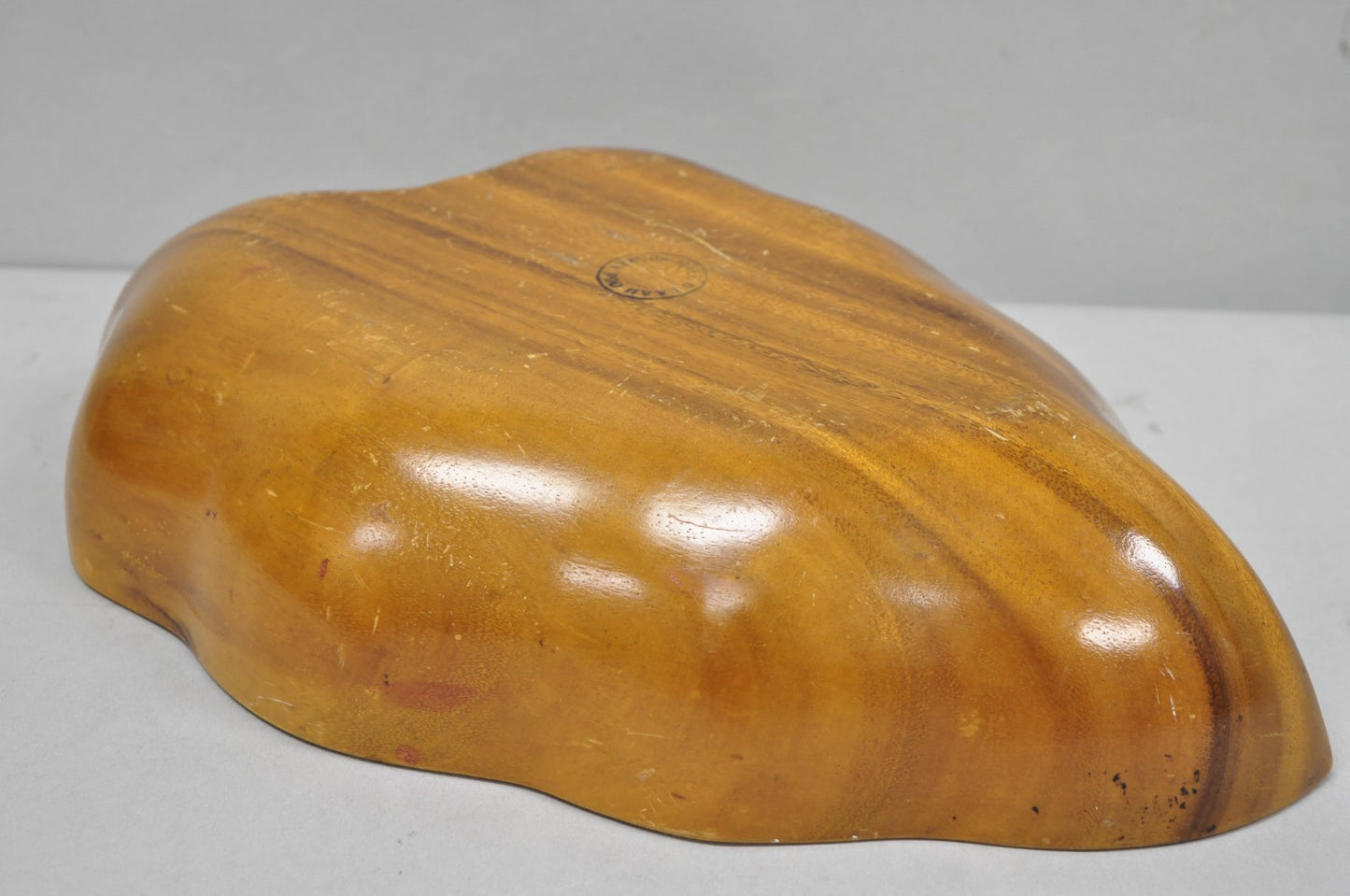 Vintage Mid Century Modern Monkey Pod Carved Koa Wood Banana Leaf 16" Fruit Bowl