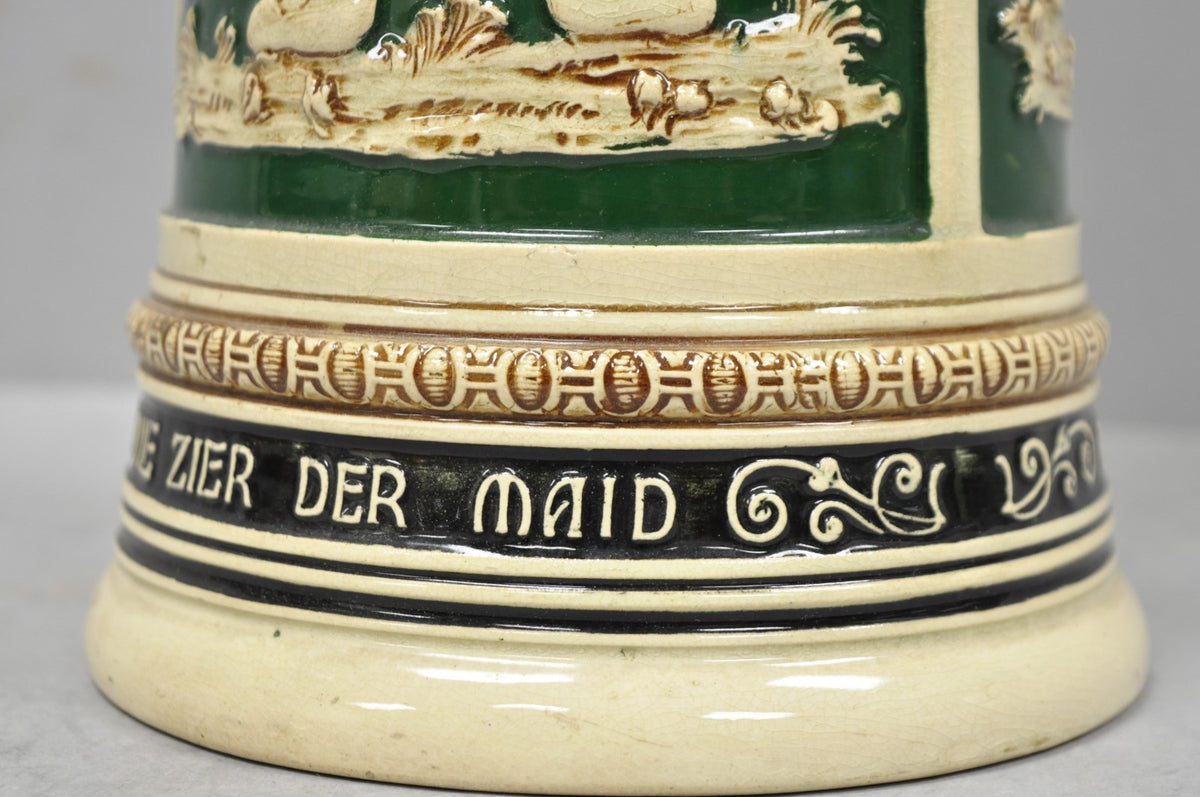 Antique German XL 20" Tall Figural Green Stoneware Beer Stein Tankard Mug w/ Lid