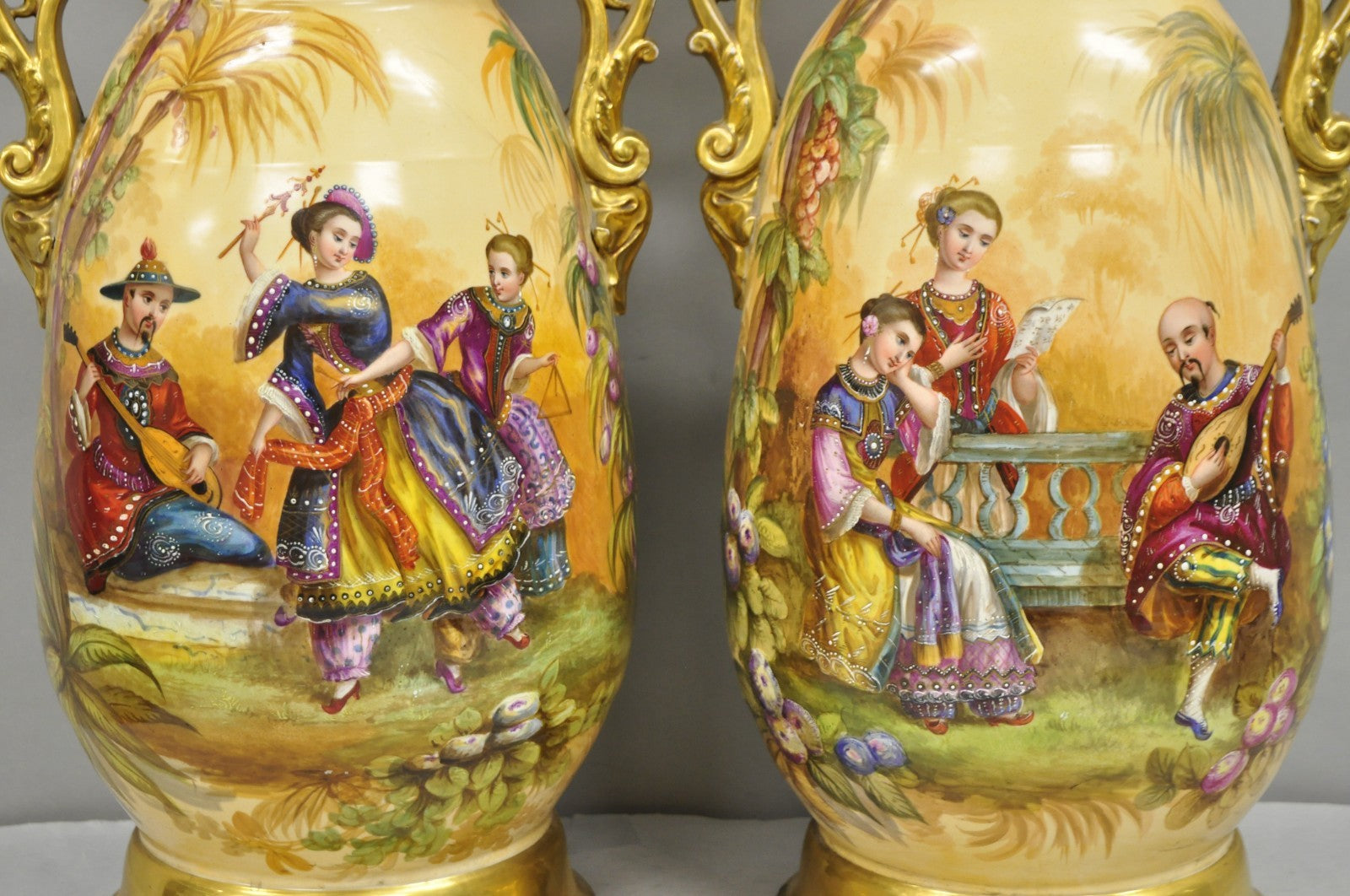 Antique Chinoiserie French Porcelain Hand Painted Orientalist Large Vases - Pair