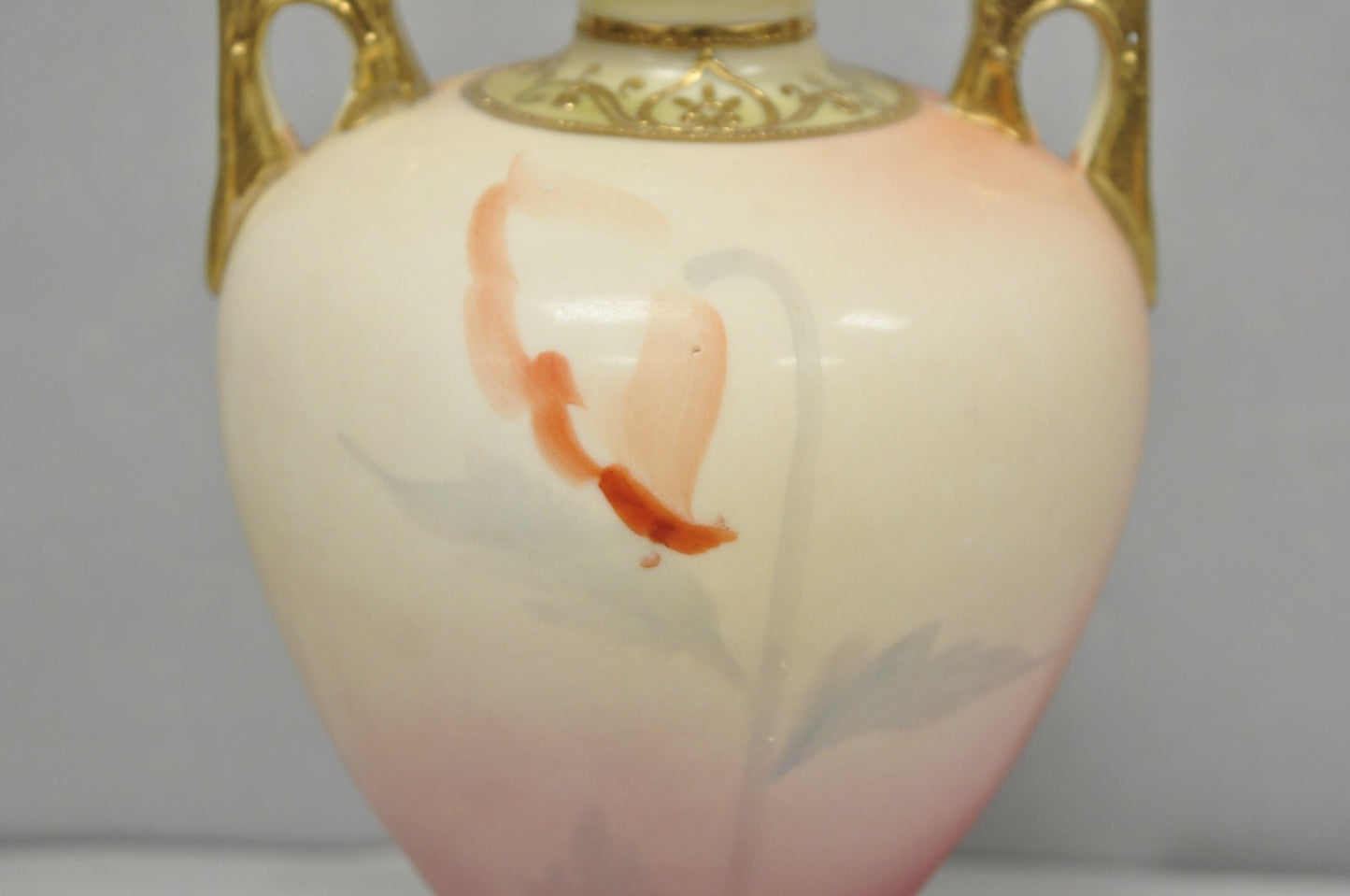 Antique Nippon Hand Painted Porcelain Small Pink Floral Vase w Gold Twin Handles