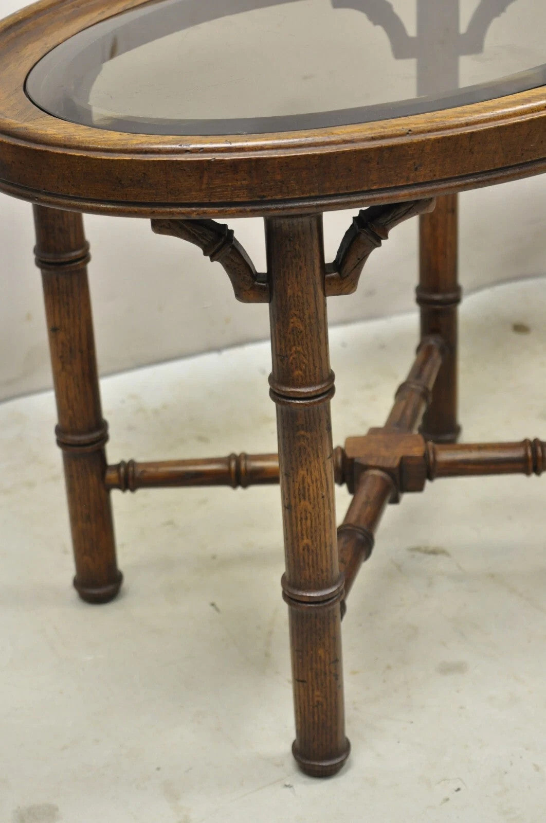 Vintage Chinese Chippendale Faux Bamboo Oval Small Glass Top Side End Table Pair