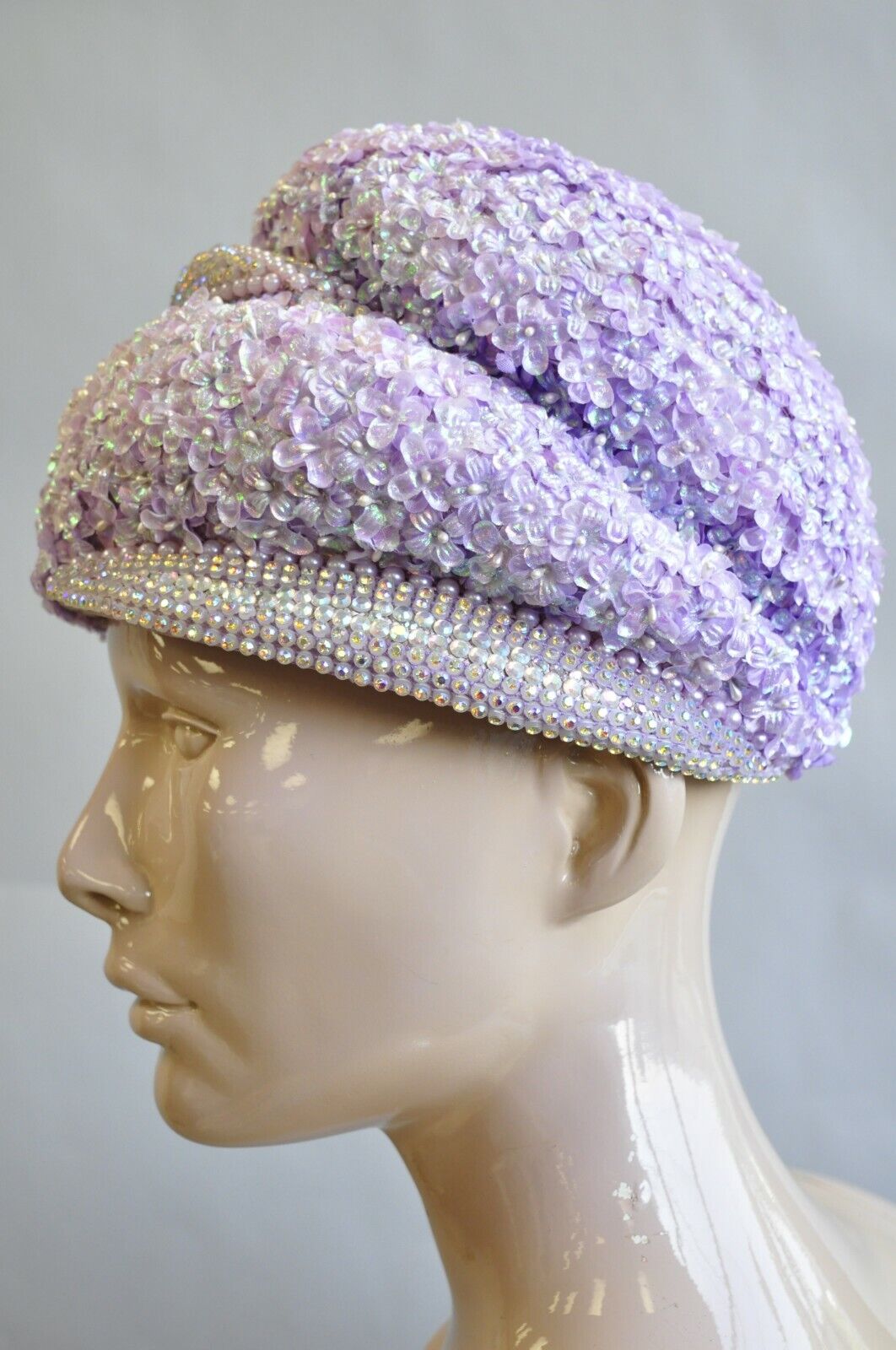 Vintage Bina Fashion Hats Purple Lavender Floral Jeweled Beaded Church Derby Hat