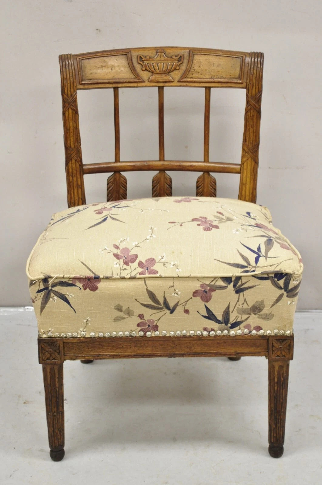 Antique Italian Neoclassical Style Carved Arrow Walnut Low Boudoir Slipper Chair