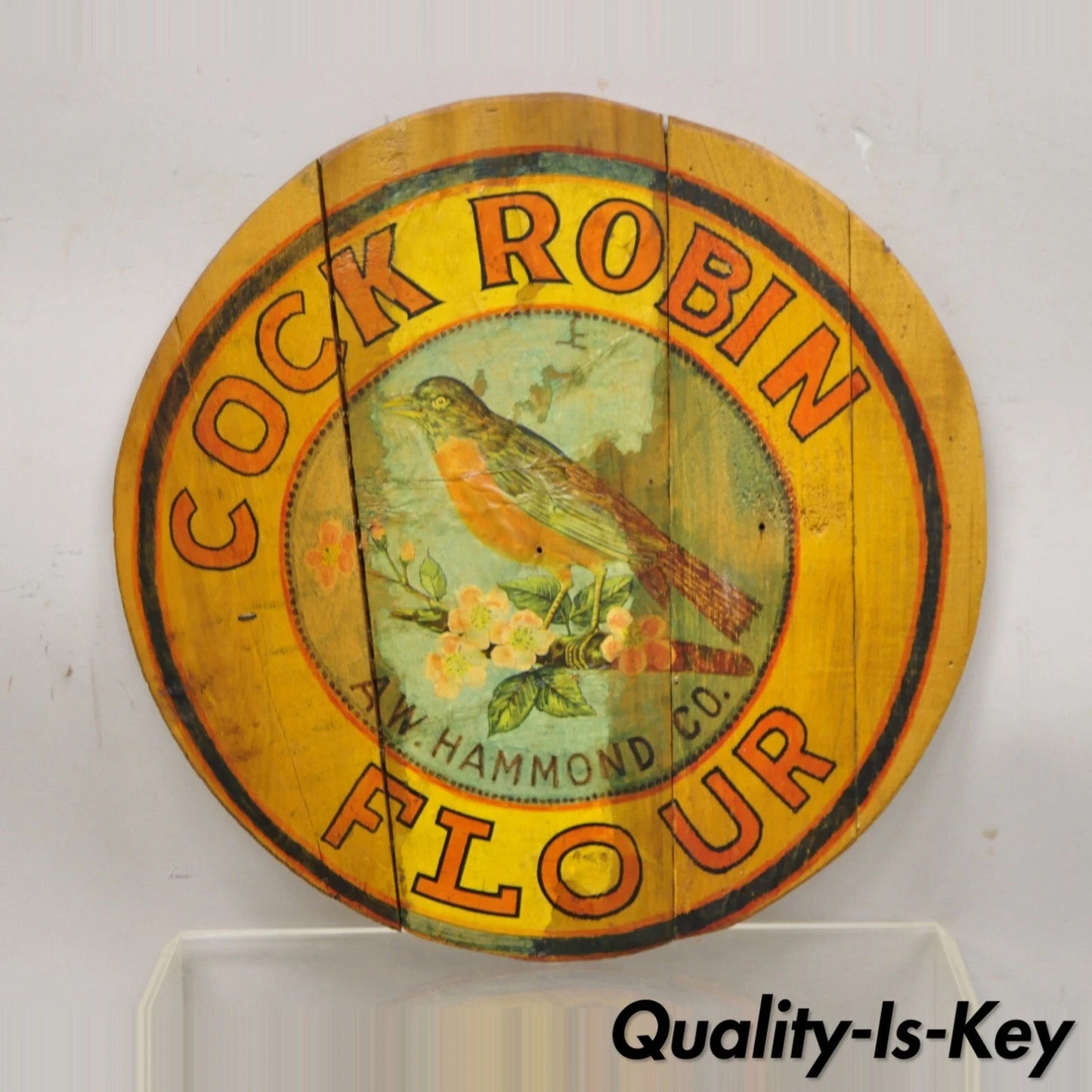 Vintage Cock Robin Flour AW Hammond Co Round Wood Advertisement Plaque