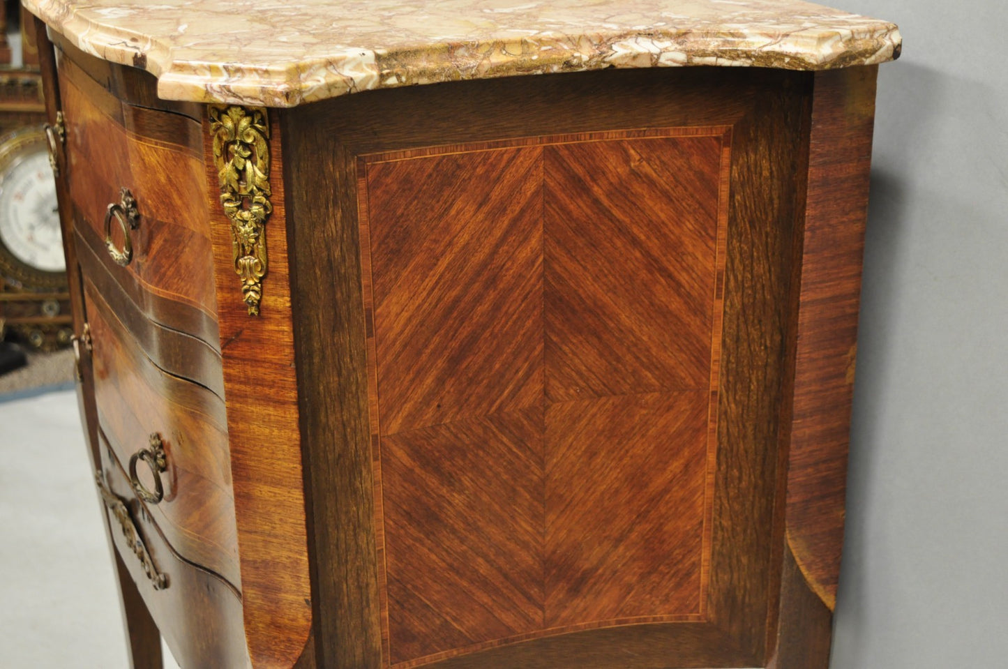 Antique French Louis XV Marquetry Inlay Marble Top Bombe Nightstand Side Table