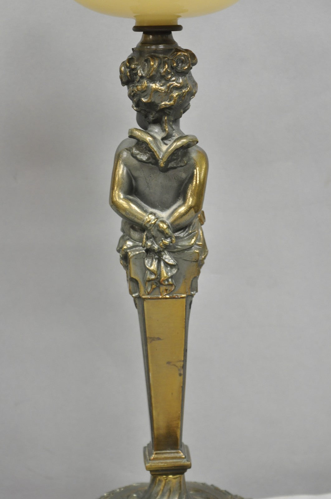 Vintage French Renaissance Brass Cherub Putti Column Cream Glass Table Lamp Pair