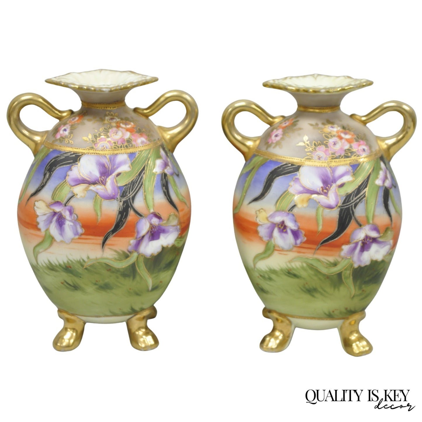 Antique Nippon Moriage Hand Painted Porcelain Purple Iris & Gold Gilt Vase Pair