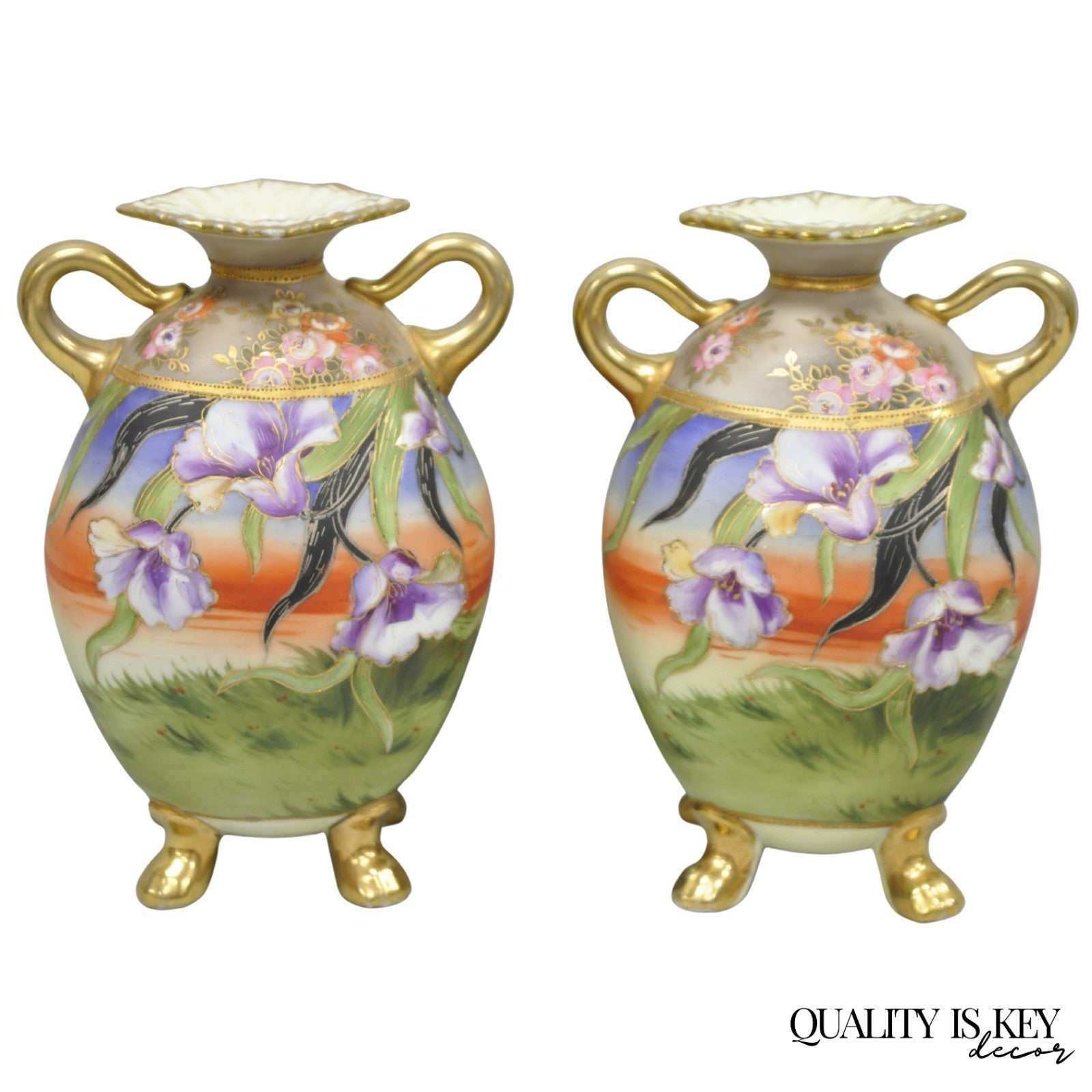 Antique Nippon Moriage Hand Painted Porcelain Purple Iris & Gold Gilt Vase Pair