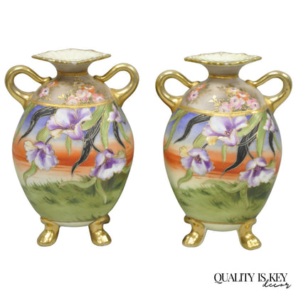 Antique Nippon Moriage Hand Painted Porcelain Purple Iris & Gold Gilt Vase Pair