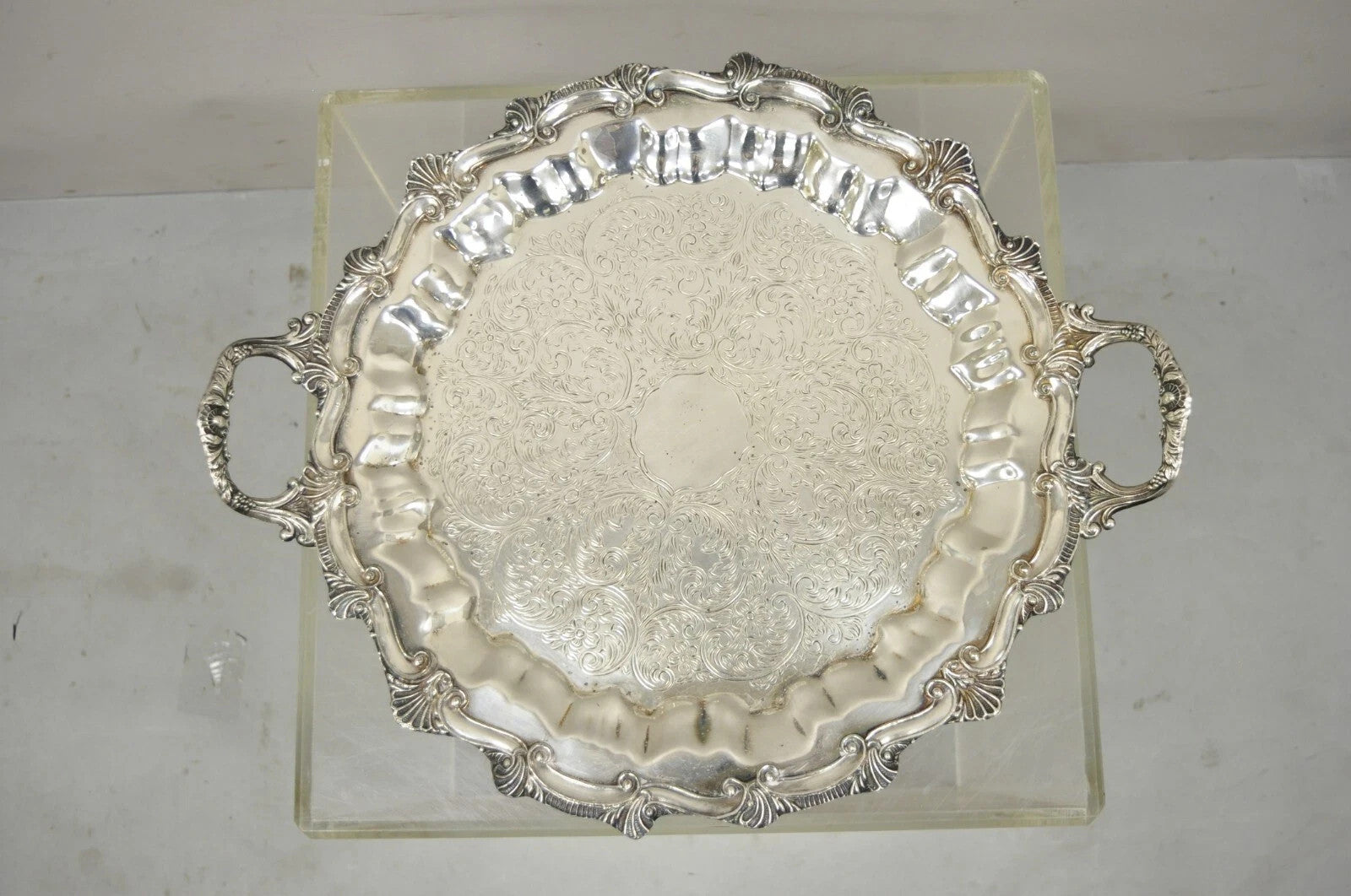 Victorian Ornate Silver Plated Twin Handle Scalloped Bar Serving Platter Tray