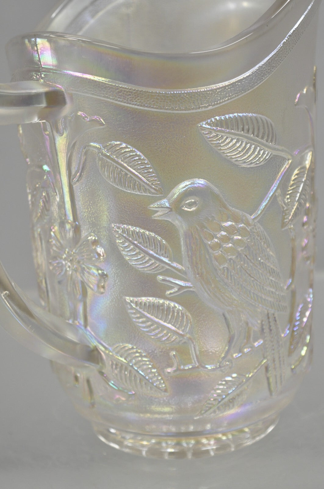 Vintage Imperial Carnival Glass Iridescent Frosty White Robins & Flowers Pitcher