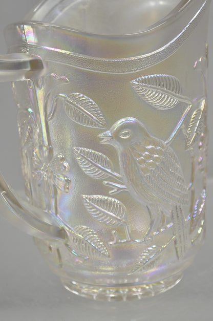 Vintage Imperial Carnival Glass Iridescent Frosty White Robins & Flowers Pitcher