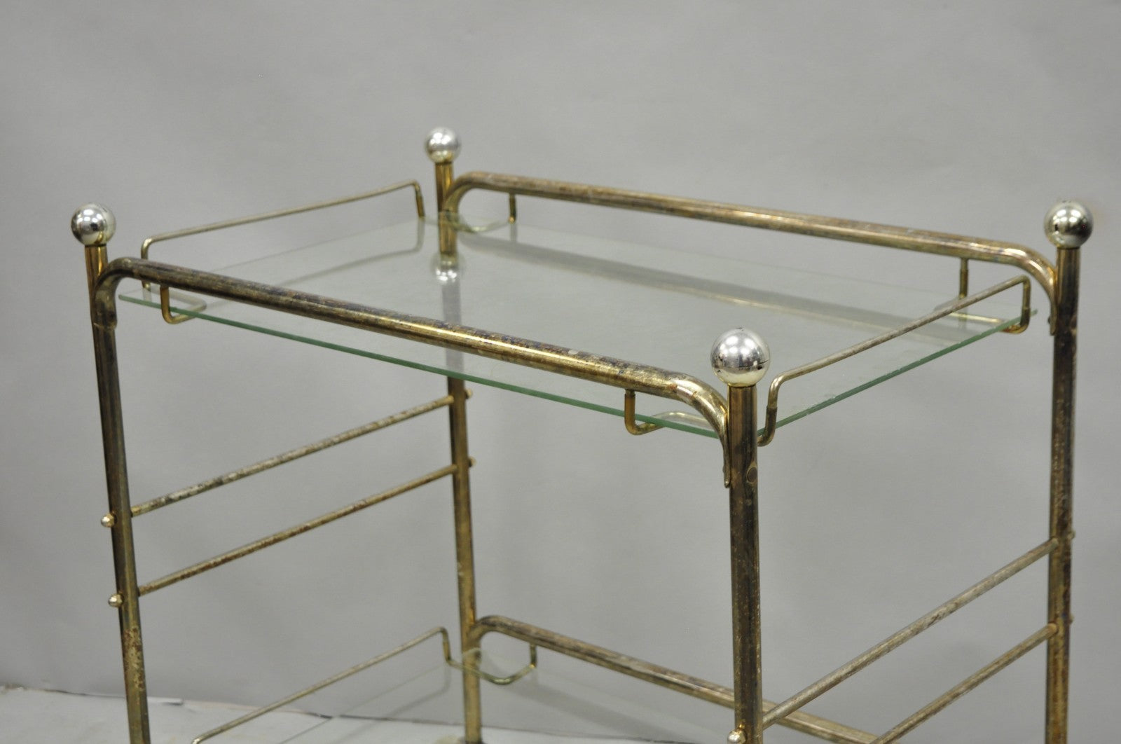 Vintage Mid Century Modern Metal 2 Tier Glass Shelf Rolling Liquor Bar Cart