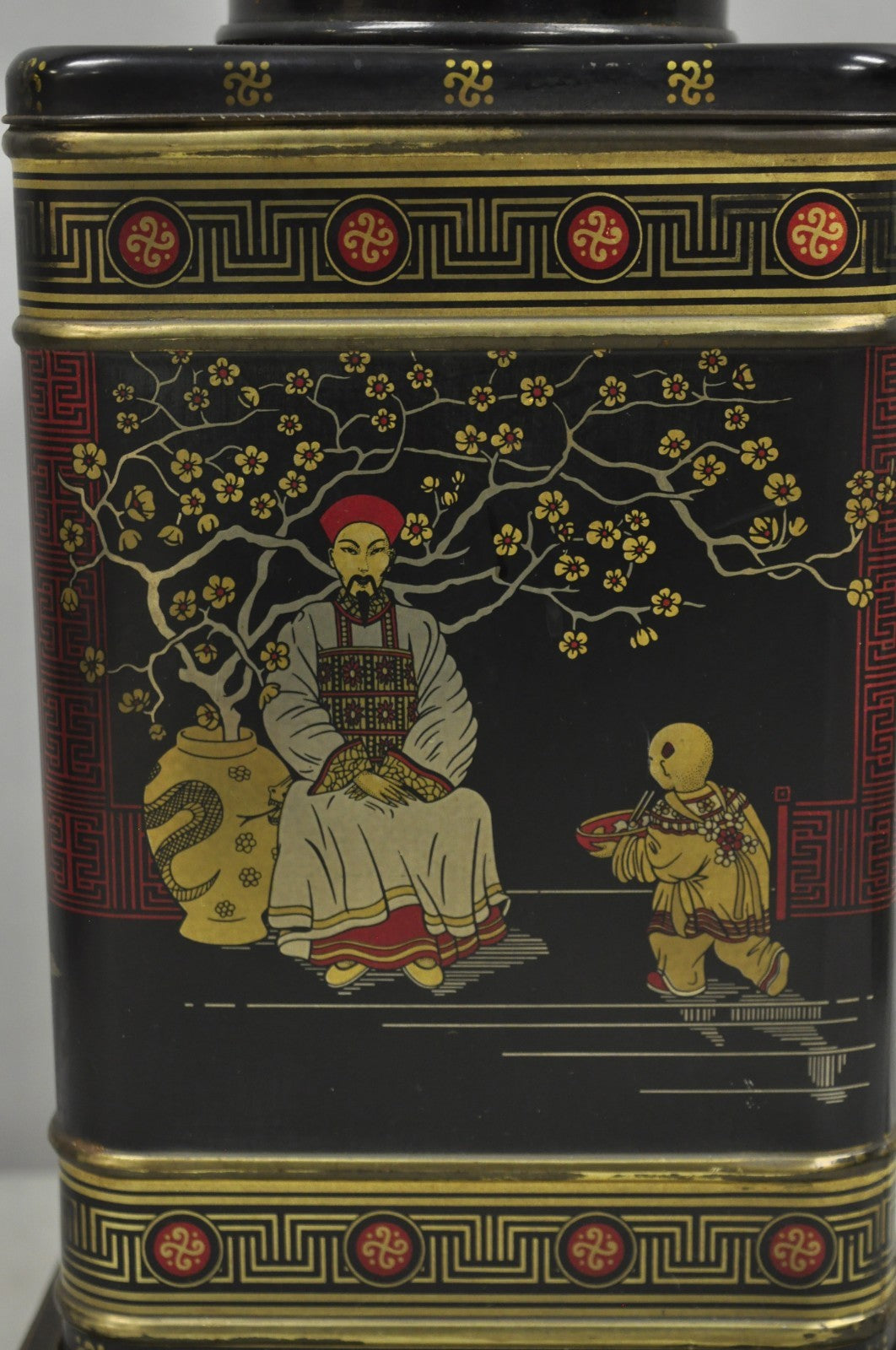 Vintage Chinoiserie English Tole Metal Tea Canister Chinese Painted Table Lamp