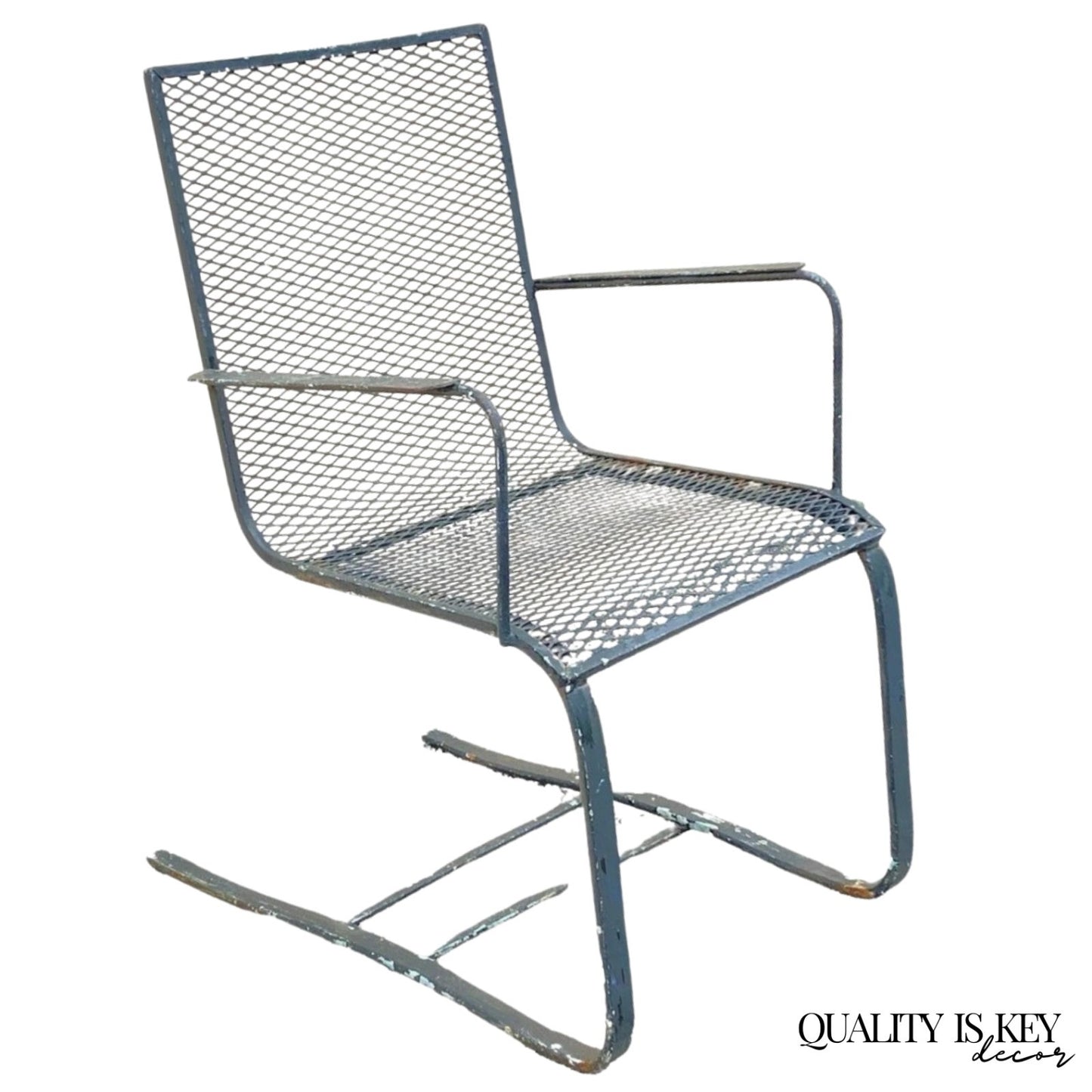 Vintage Mid Century Modern Wrought Iron Metal Mesh Spring Cantilever Patio Chair