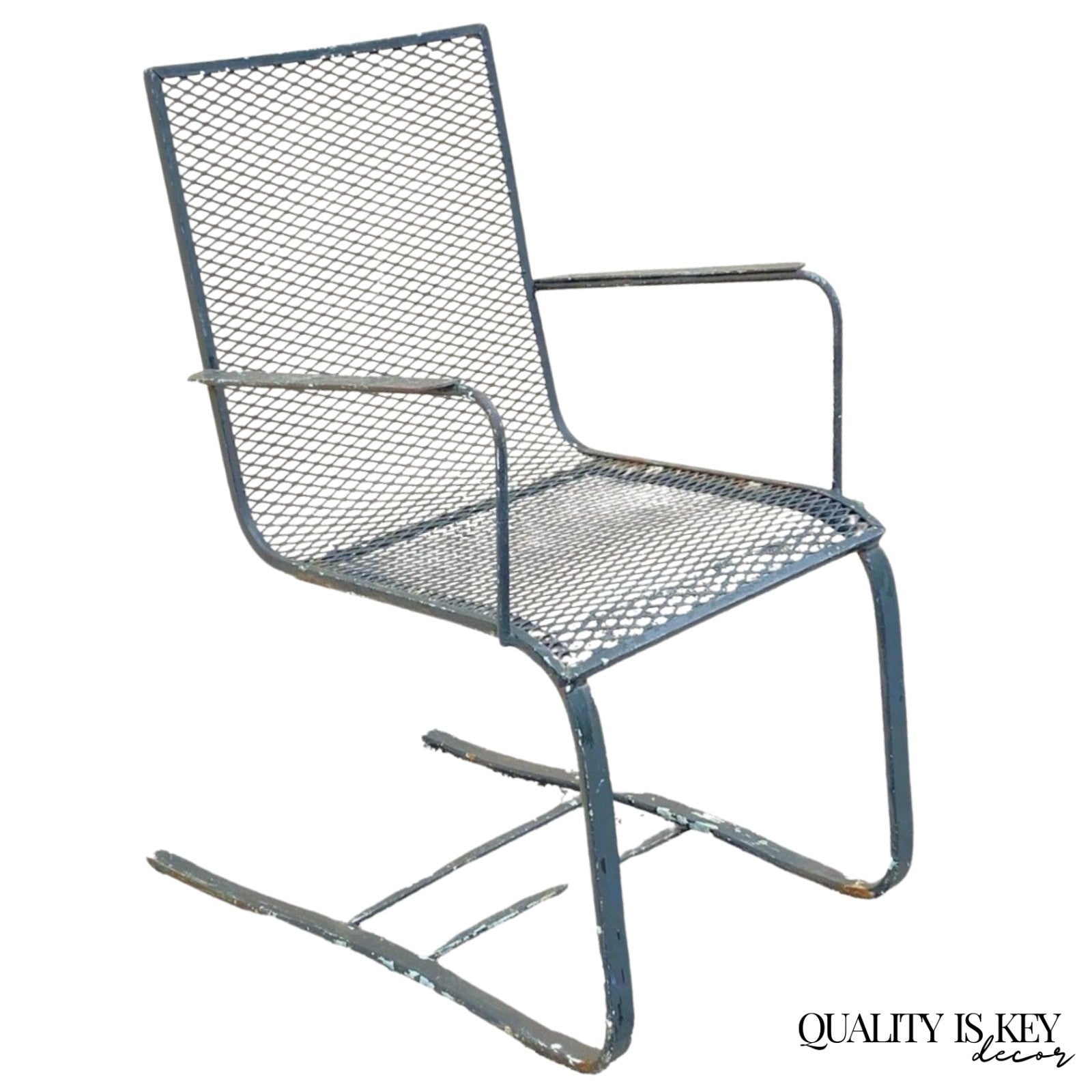 Vintage Mid Century Modern Wrought Iron Metal Mesh Spring Cantilever Patio Chair