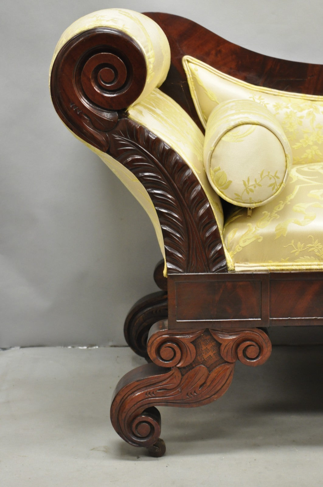 Antique American Empire Neoclassical Carved Mahogany Sofa with Gold Fabric