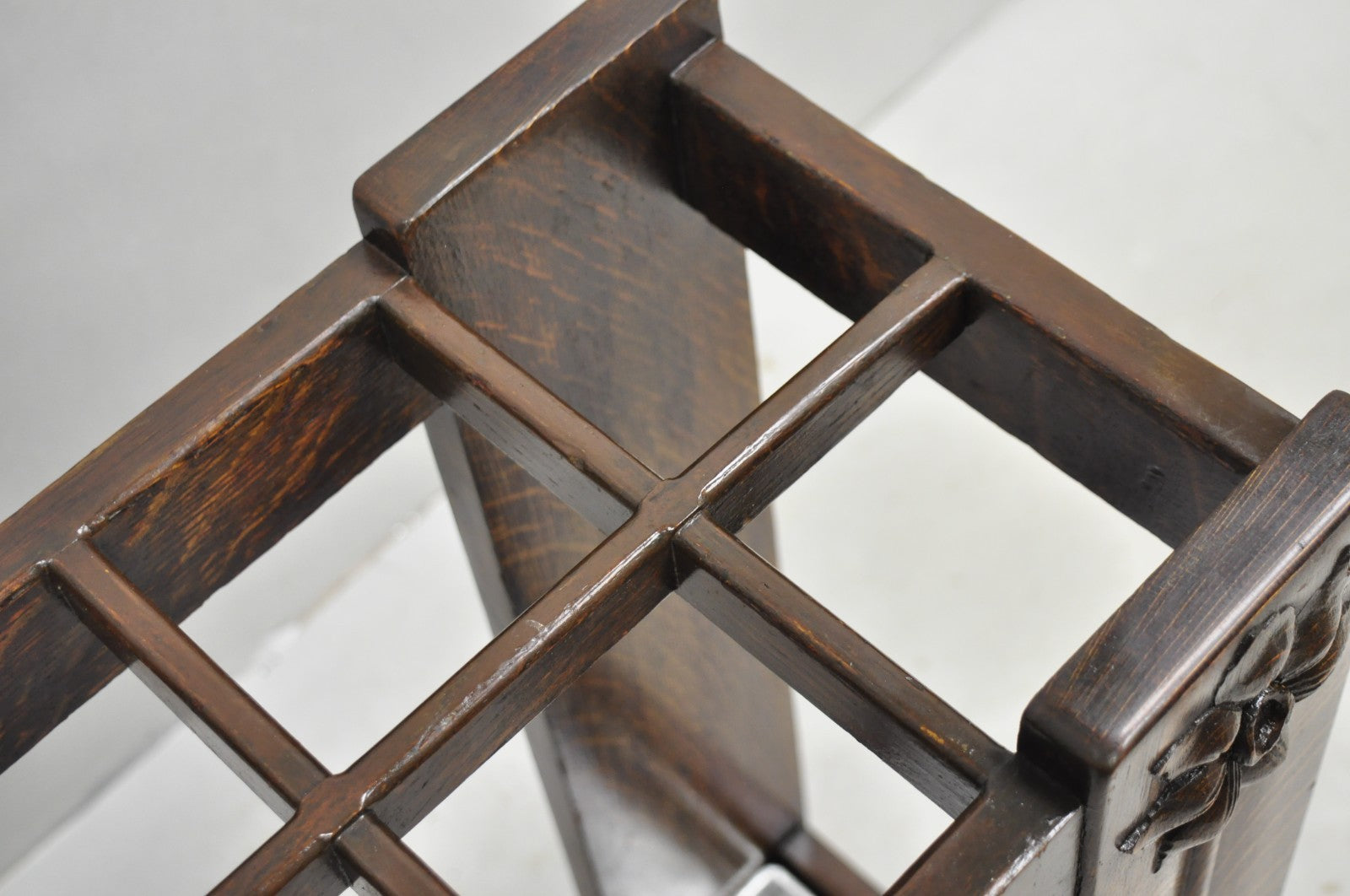 Antique Arts & Crafts Oak Wood Relief Carved Flower Umbrella Stand by MI Chair