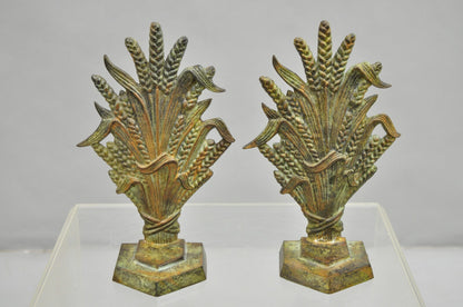 Vintage Art Nouveau Patinated Cast Metal Sheaf of Wheat Doorstop Bookends - Pair
