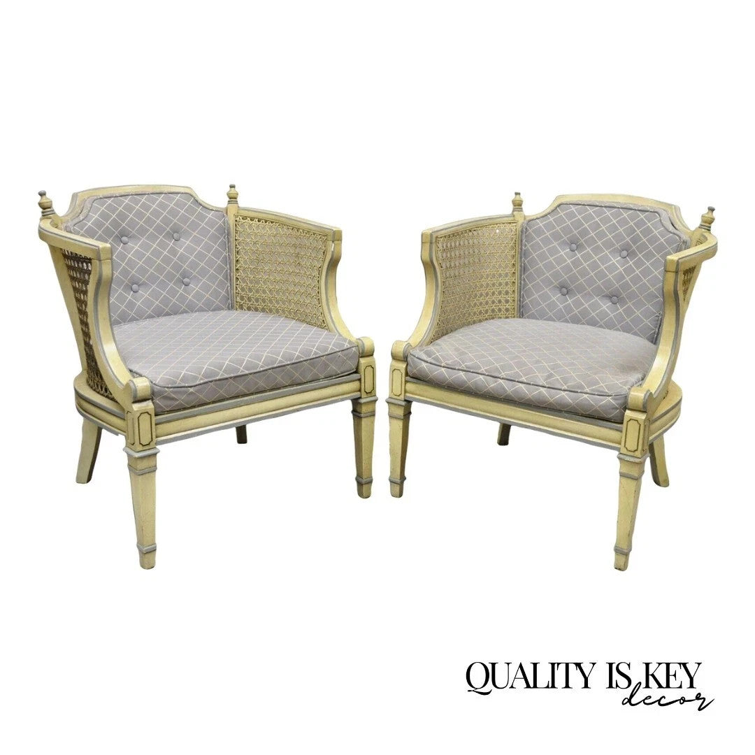 Vintage Hollywood Regency Cream Painted Cane Side Club Lounge Chairs - a Pair