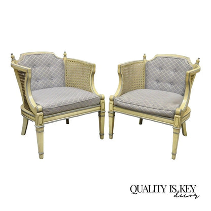 Vintage Hollywood Regency Cream Painted Cane Side Club Lounge Chairs - a Pair