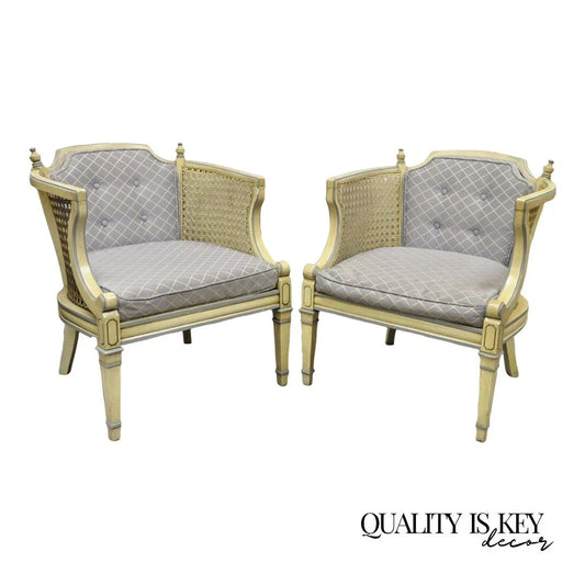 Vintage Hollywood Regency Cream Painted Cane Side Club Lounge Chairs - a Pair